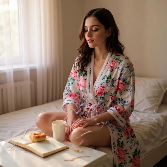 VTG Adonna Cotton Polyester Nightgown Floral Wrap Robe Pink Purple Green EUC - Picture 2 of 12